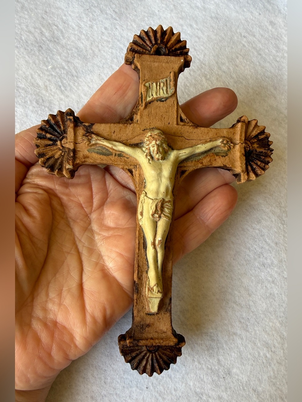 Catholic Crucifix Jesus INRI Antique Shell Finial Wall Cross 1800s